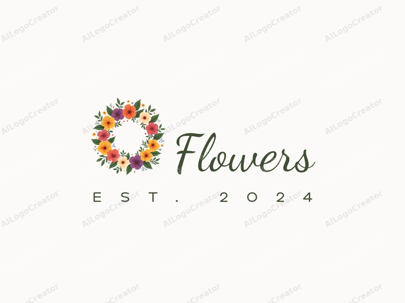 playful design features vibrant flowers and petals arranged in a circular wreath, surrounded by lush green leaves, combined with a clean background.