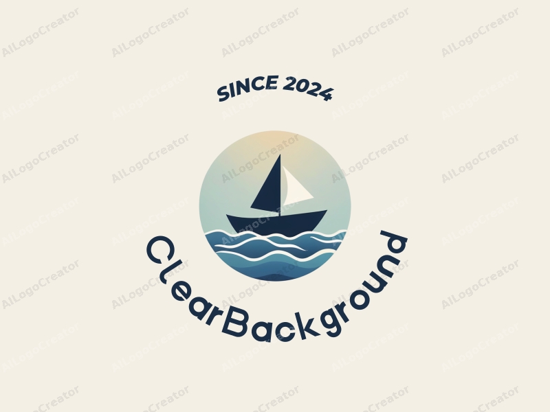 minimalist design features a clear background with a stylized boat silhouette riding on gentle waves, combined with a transparent color palette for a clean and modern look.