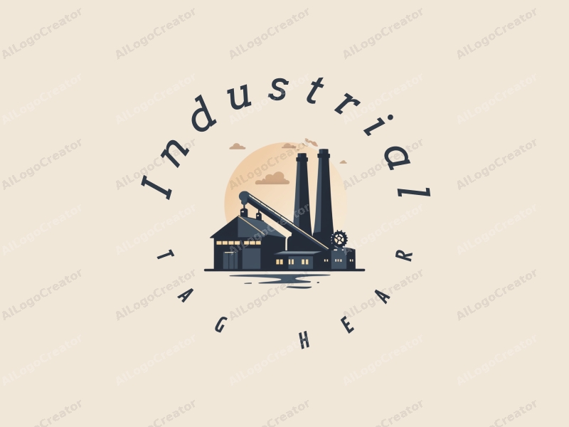 a modern minimalist design featuring a stylized factory silhouette, interlocking gears, and a conveyor belt, combined with a clean background and a focus on simplicity and harmony.