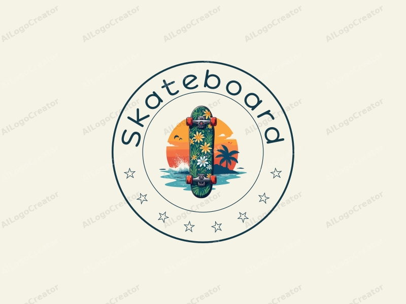 playful design features a vibrant skateboard and surfing elements, combined with a clean background and a fun, energetic composition.