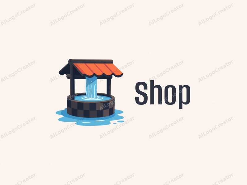 modern design features a stylized shop silhouette, a well with flowing water, combined with a clean background.