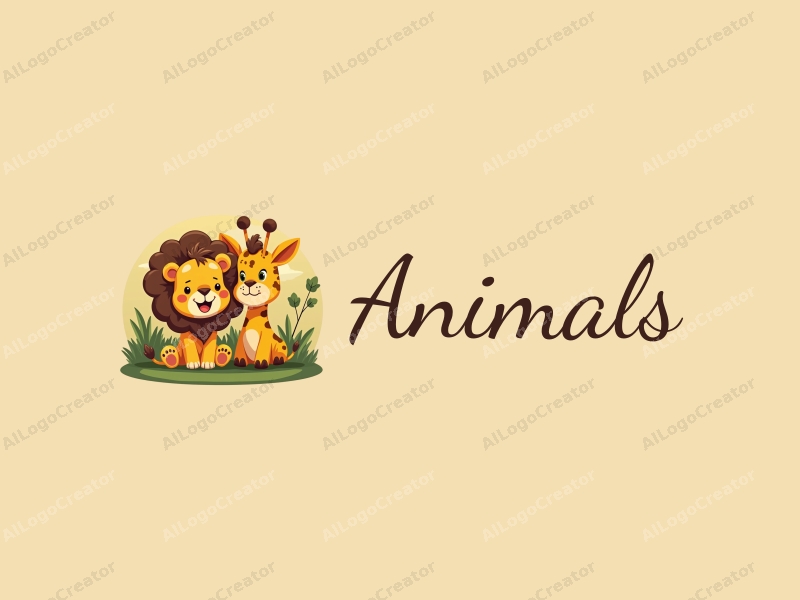 playful design features a small lion and a small giraffe in a vibrant, colorful setting, incorporating elements of wildlife and education, combined with a clean background.