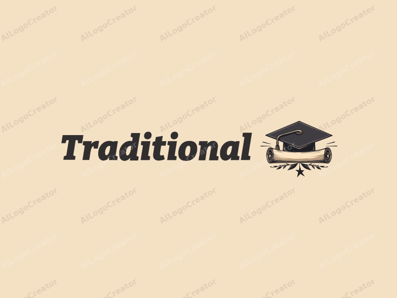 vintage design features a classic scroll and a graduation cap, combined with traditional elements in a harmonious layout, set against a clean beige background.