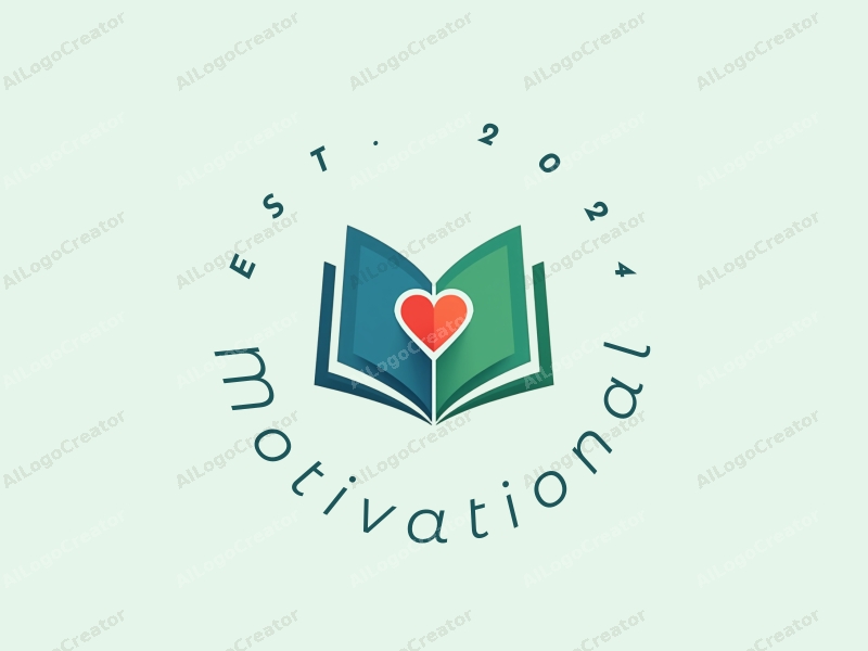 modern design features a stylized book and heart symbol, representing motivation and encouragement, combined with a clean background in blue and green colors.