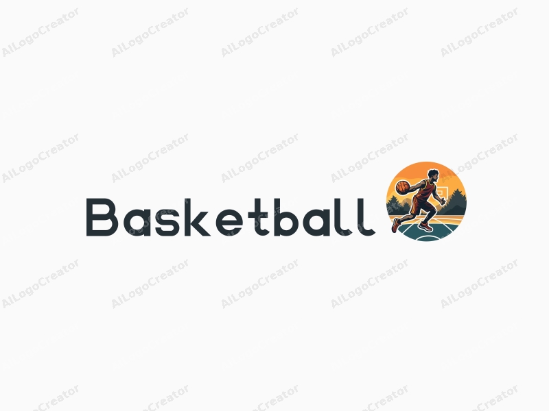 playful design features a stylized basketball, an athlete in motion, and a basketball court background combined with a clean and simple layout.