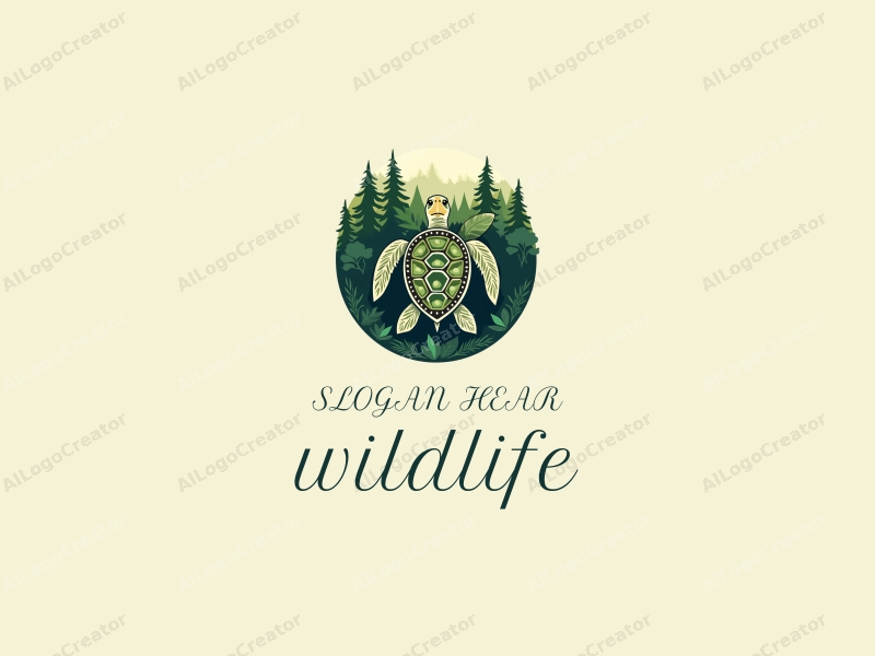 playful design features a stylized sea turtle intertwined with lush forest elements, showcasing wildlife and natural landscapes, combined with a clean background.