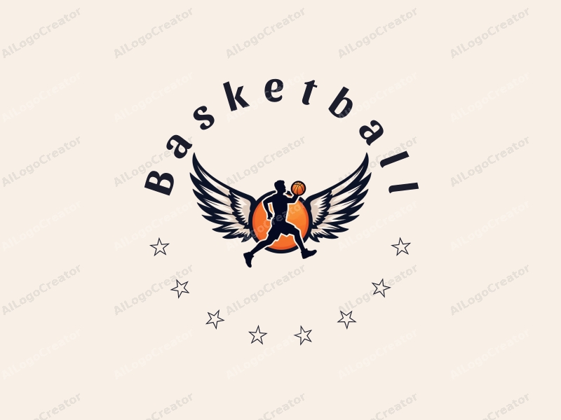 playful design features a stylized basketball with wings, an athlete in motion, combined with a clean background.