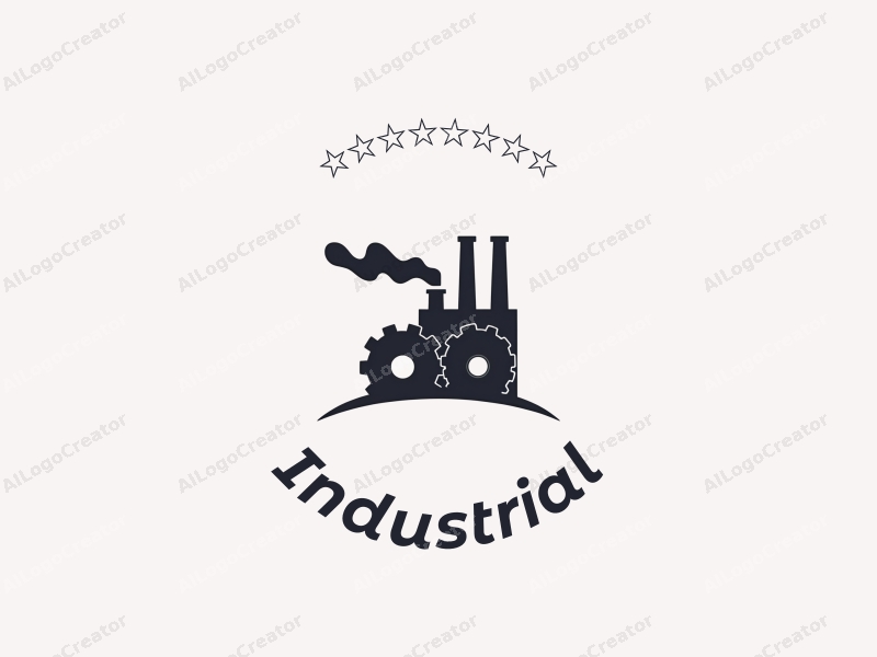 modern design features a stylized factory silhouette with gears and chimneys, utilizing a clean and simple composition with a focus on industrial elements.