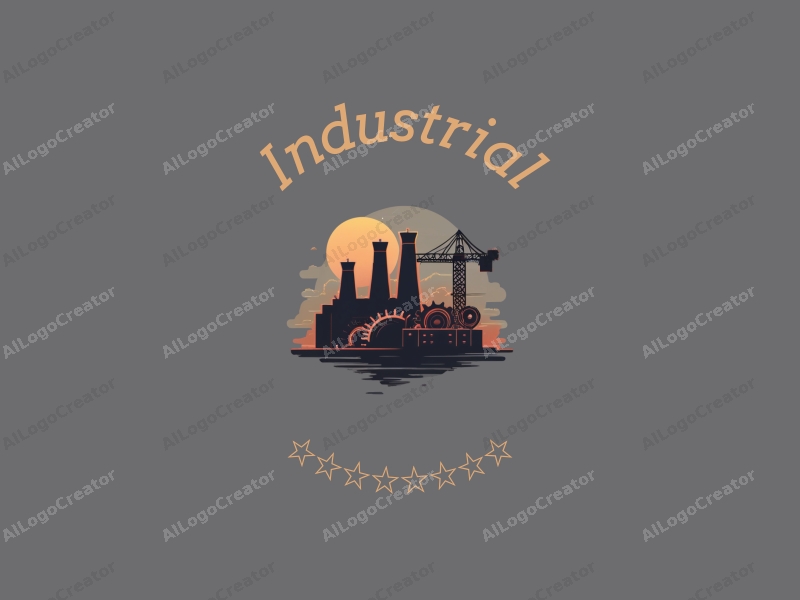 modern design features a stylized factory silhouette, interlocking gears, and a crane, combined with a clean background.