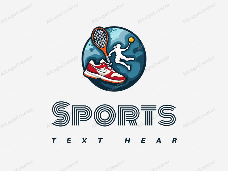 vibrant design features dynamic sports shoes, a stylized racket, an energetic athlete silhouette, and a globe, combined with a clean background.