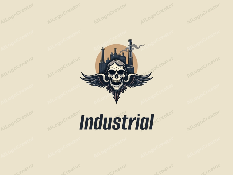 modern design features a stylized factory and machinery intertwined with a grim reaper and angel motif, utilizing a clean and minimalistic approach against a simple background.