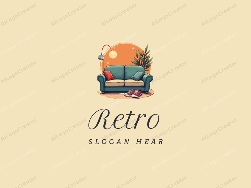 vintage design features a retro sofa and a retro poster, combined with sneakers and retro patterns, set against a clean background.