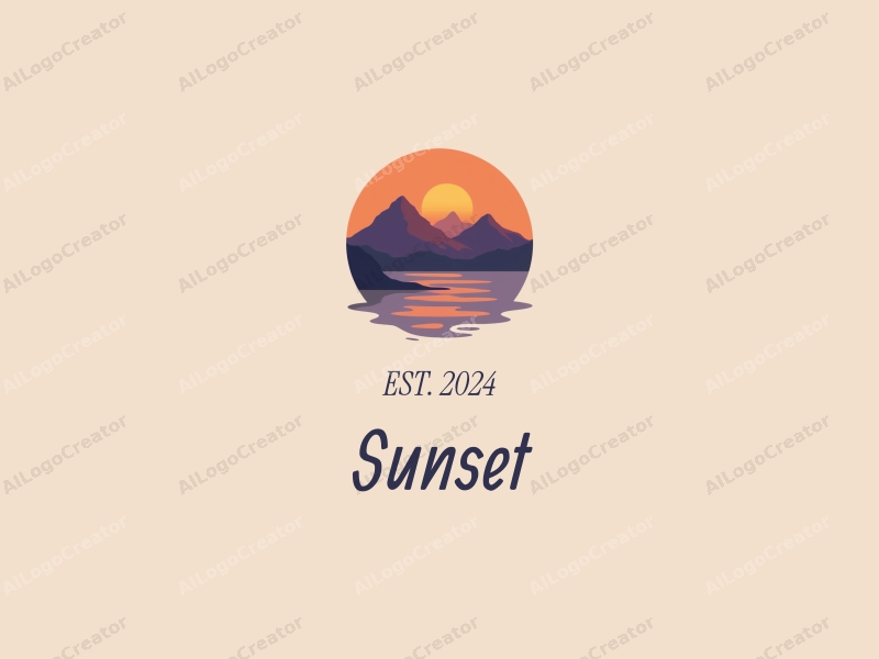 vintage design features a stylized sunset over a serene coastline with mountains in the background, using a harmonious blend of orange and purple colors, combined with a clean and simple layout.