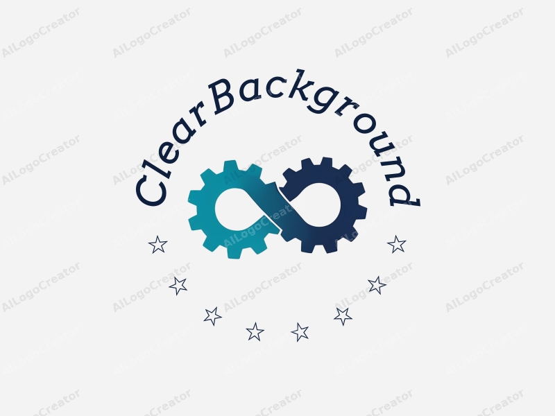 minimalist design features a stylized infinity symbol intertwined with gears, representing automation and efficiency, in deep navy blue and vibrant teal colors, combined with a clean background.