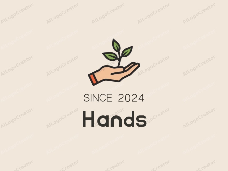 a modern minimalist design featuring a stylized hand holding elements symbolizing resources and development, combined with a clean background in skin tone colors.