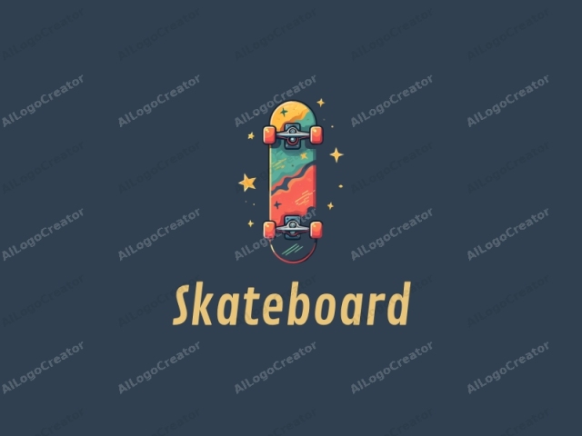 verspieltes Design mit einer lebendigen Skateboard-Silhouette und dynamischen Sternenelementen, kombiniert mit einem sauberen Hintergrund für ein spaßiges und energetisches Gefühl.