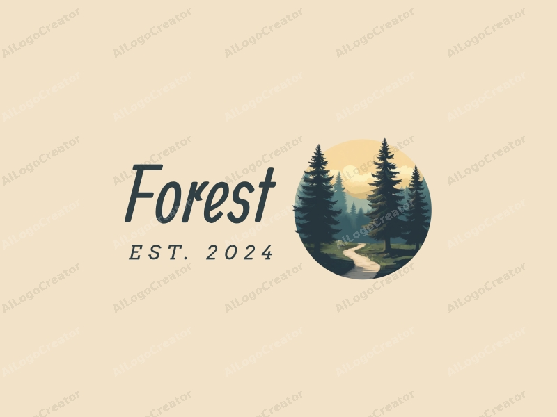 vintage design features a serene forest scene with tall trees, a lush tree canopy, and a winding pathway, combined with a clean background.