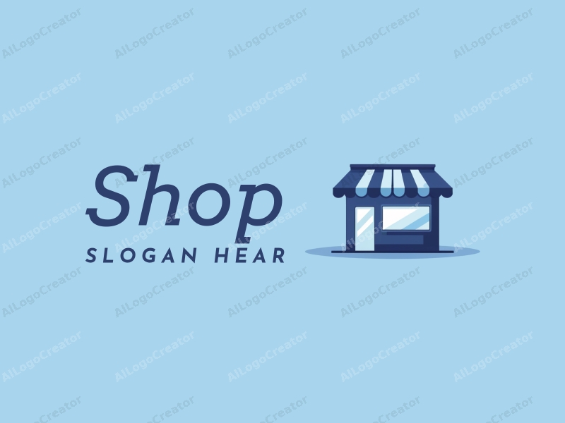 modern design features a stylized shop silhouette, clean lines representing cleanliness, and a corporate feel combined with a blue background.