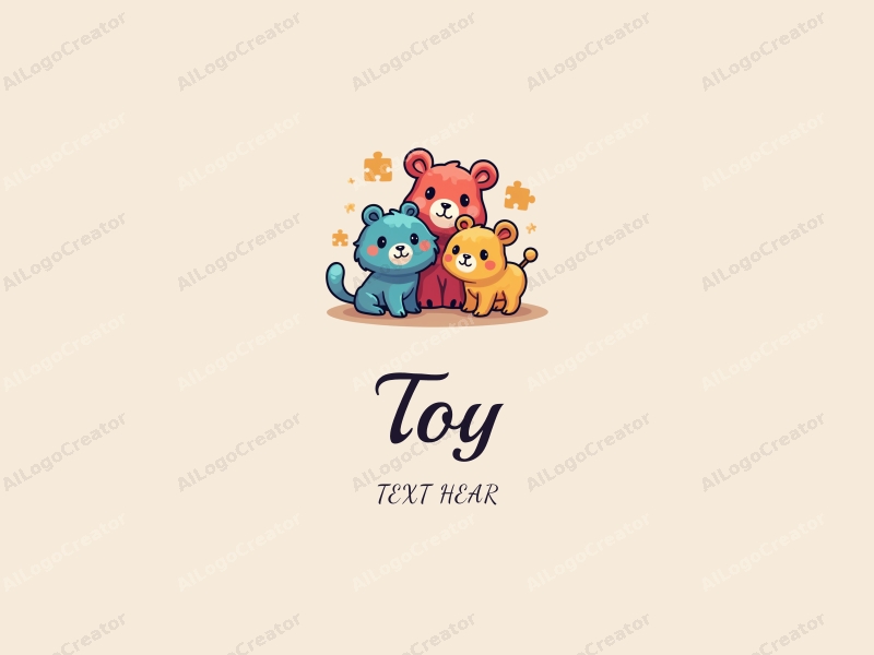 playful design features colorful plush toys and puzzle pieces, combined with a whimsical approach and a clean background.