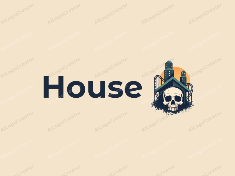 modern design features a stylized house and building, integrated with a roller coaster and skull elements, combined with a clean background.