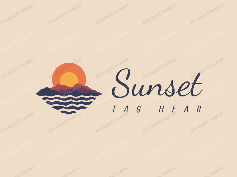 vintage design features a stylized sunset over a coastline with mountains in the background, using a harmonious blend of orange and purple colors, combined with a clean and simple layout.