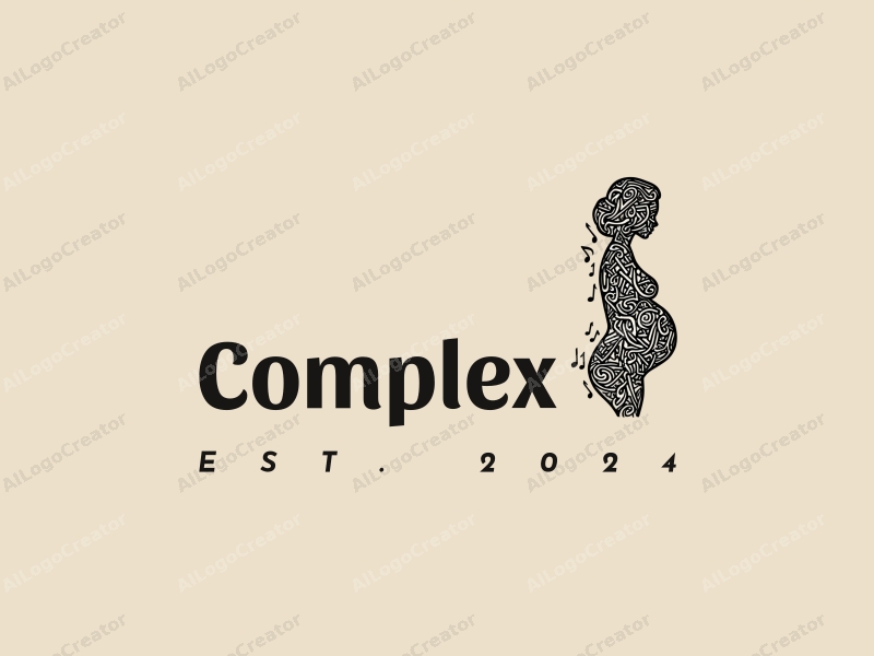 a modern design featuring intricate details of a pregnant woman intertwined with music symbols, using a black color palette, creating a harmonious and clean composition.