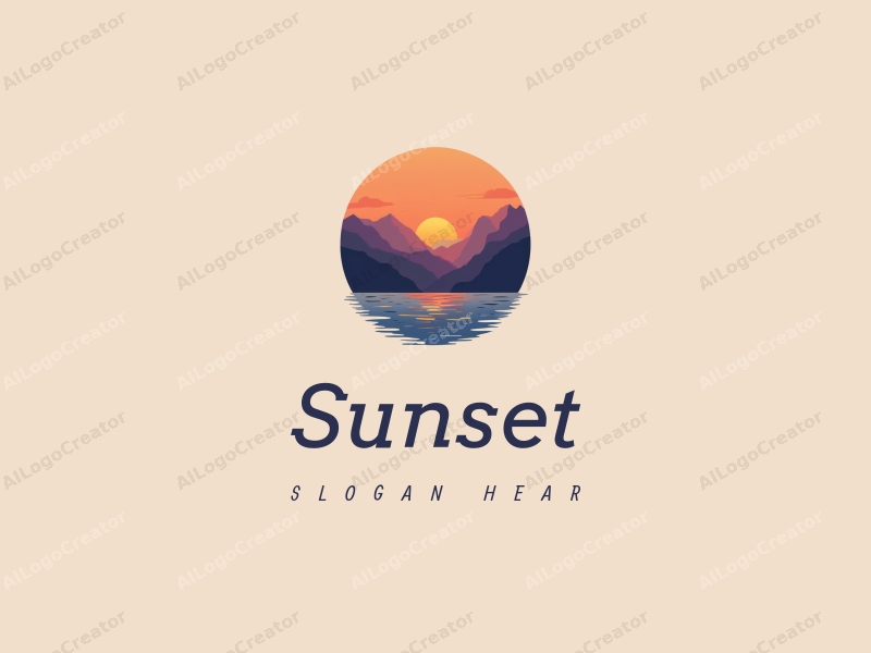 vintage design features a stylized sunset over mountains and ocean, with a harmonious blend of orange and purple colors, creating a serene and artistic atmosphere.