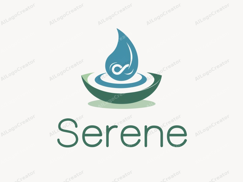 minimalist design features a serene water droplet and an infinity symbol, combined with a clean background that evokes tranquility and peace in a blue and green color palette.