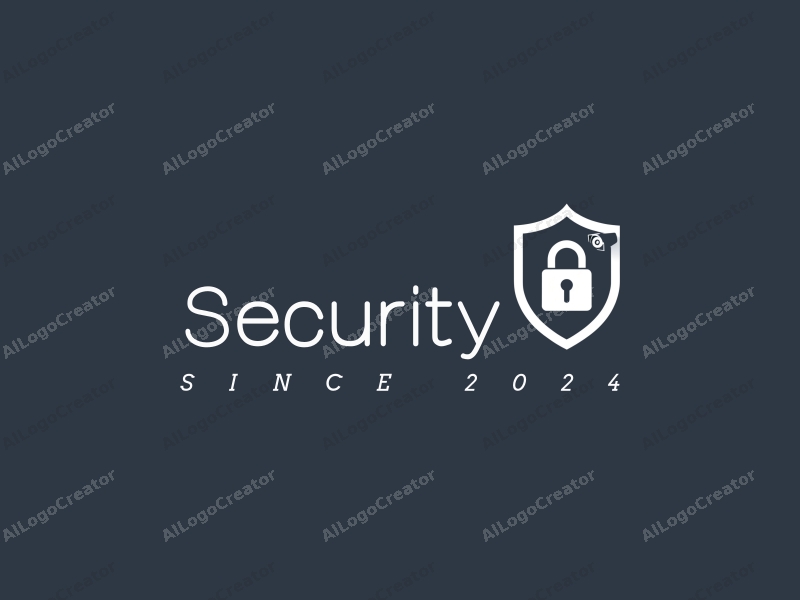 modern design features a stylized shield and lock, integrated with a surveillance camera, using a clean background and a harmonious composition.