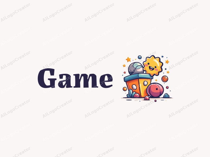 playful design features whimsical game elements, stylized toy shapes, stars, and colorful balls combined with a clean background.