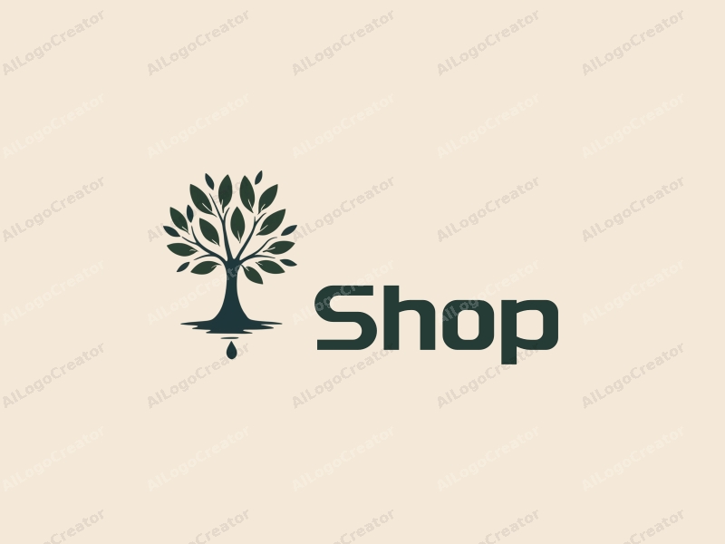 a modern design featuring a stylized shop silhouette, an olive tree intertwined with a water droplet, combined with a clean background.