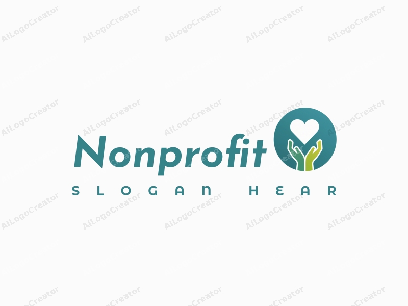 modern design features a stylized heart and hand symbolizing charity and volunteer work, combined with a clean background in blue and green tones.