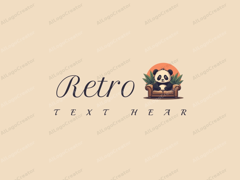 vintage design features a retro sofa and a retro poster, combined with a stylized panda and retro elements, set against a clean background.