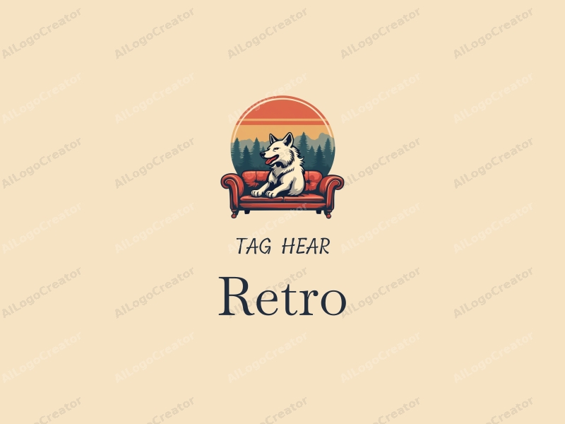 vintage design features a retro sofa and a retro poster, combined with a stylized wolf in a dynamic sports pose, set against a clean background.