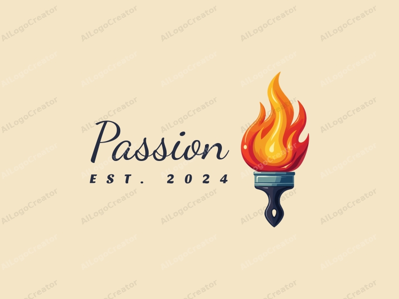 playful design features a vibrant flame intertwined with a stylized paintbrush, creating a dynamic and energetic composition against a clean background.