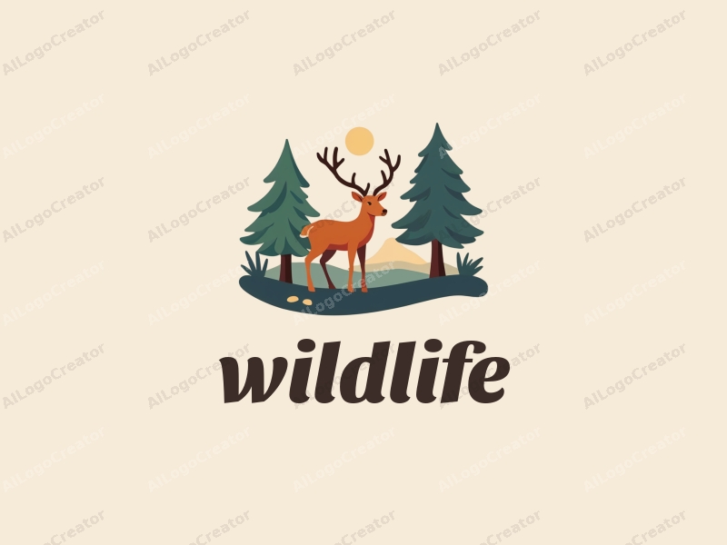 playful design features stylized trees and deer in a natural landscape, incorporating wildlife elements with a clean background and harmonious composition.