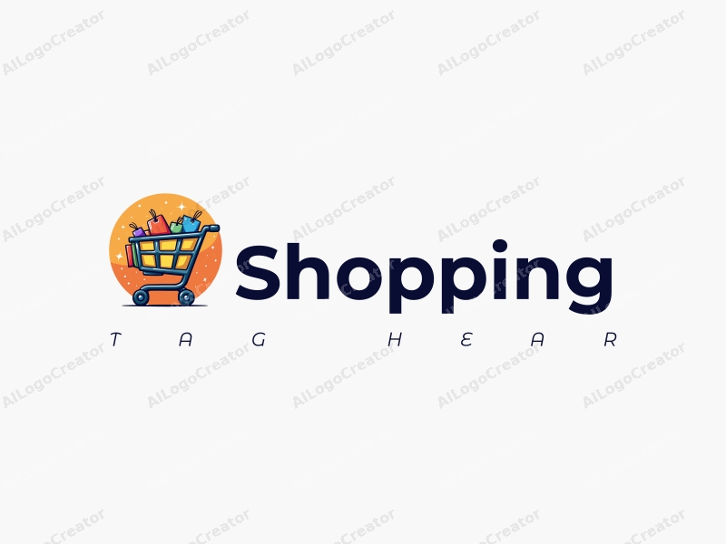 a modern design featuring a colorful shopping cart and product tags, combined with a vibrant mall background, emphasizing a clean and harmonious composition.