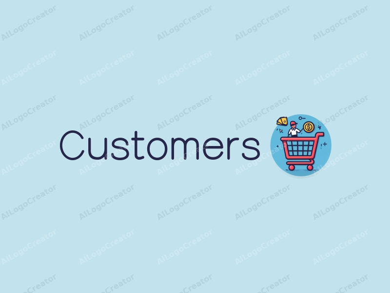 modern design features a stylized shopping cart and cash elements, combined with abstract representations of customers and shoppers, set against a clean blue background.