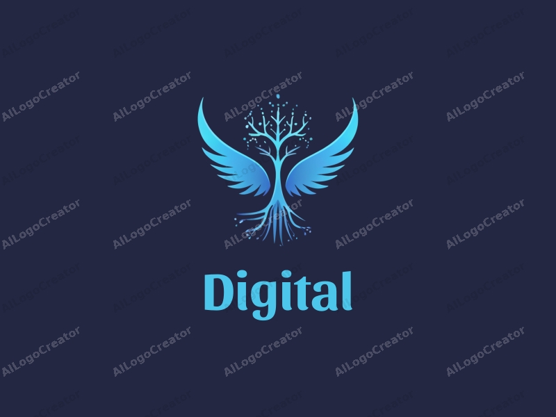 a modern minimalist design featuring a stylized peace dove intertwined with a technology tree, incorporating digital elements, set against a clean blue and black background.