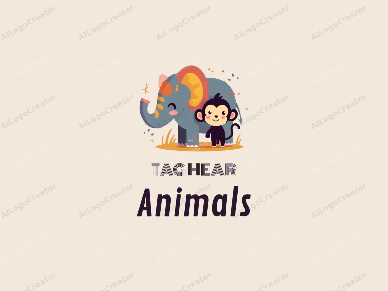 playful design features a colorful elephant and monkey, with a whimsical and fun approach combined with a clean background.