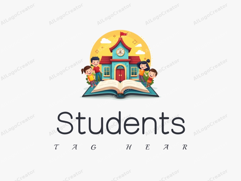 playful design features cheerful students, a stylized school building, open books, and pencils arranged harmoniously with a vibrant background.