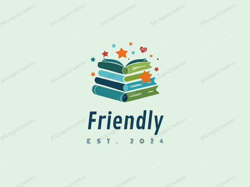 playful design features friendly books and stars, combined with a clean background in blue and green colors.