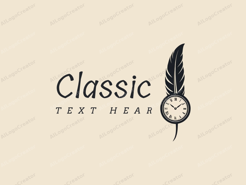 vintage design features a stylized feather intertwined with a classic clock, using dark and neutral colors, combined with a clean background for a timeless and elegant look.