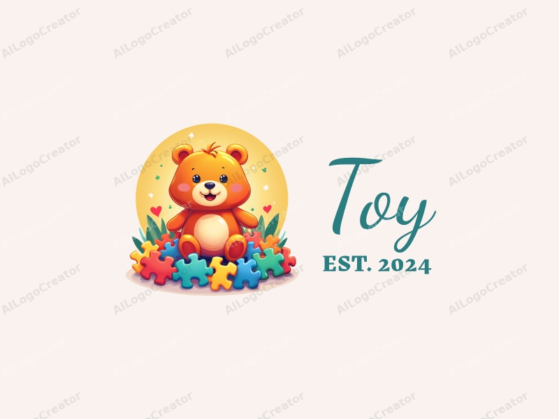 playful design features a vibrant plush toy and colorful puzzle pieces, combined with a clean background and a whimsical approach.