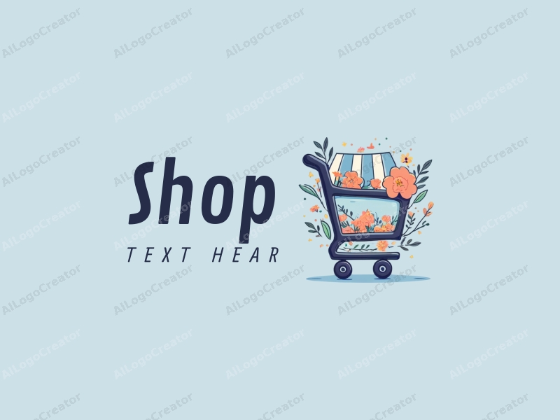 a modern design featuring a stylized shop front, a shopping cart intertwined with floral elements, using a clean and simple composition with a blue background.