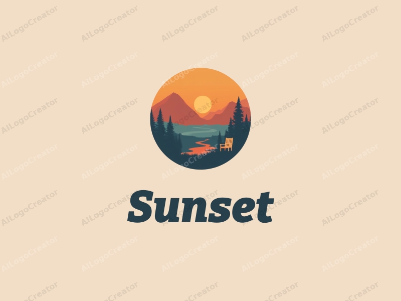 vintage design features a stylized sunset over a scenic landscape, incorporating elements of a journey and a chair, combined with a harmonious and clean background.