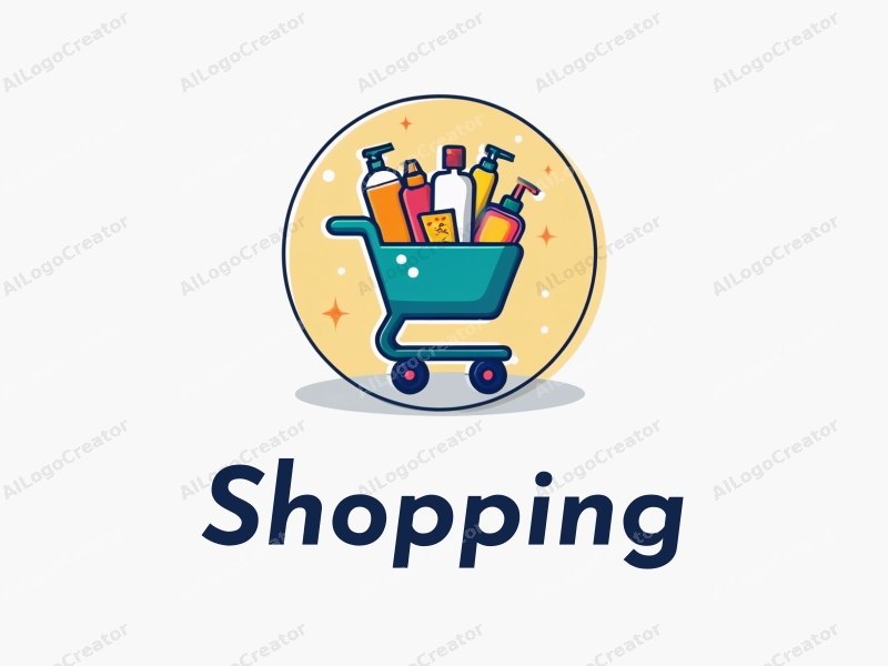 a modern design featuring a colorful shopping cart filled with various products, set against a stylized mall background, emphasizing simplicity and harmony in composition.