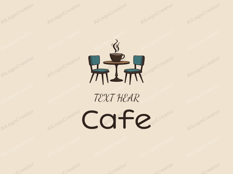 vintage design features a stylized coffee cup, retro table, and chairs, combined with a clean background.