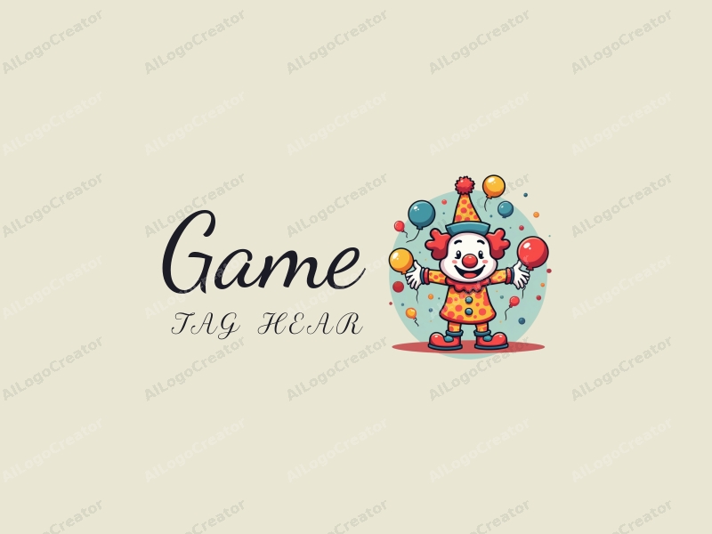 playful design features a whimsical clown character interacting with colorful spheres, utilizing a linear design approach combined with a clean background.