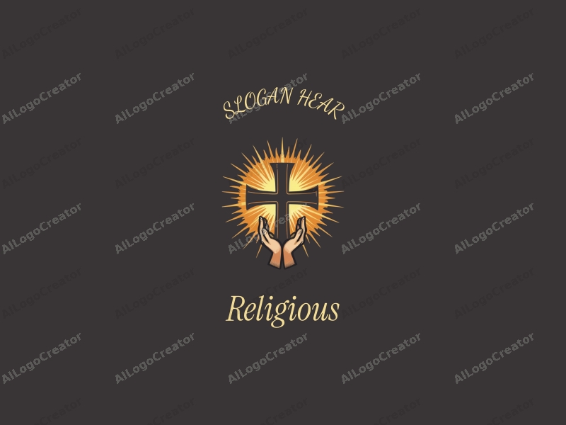 vintage design features a stylized cross, golden glow surrounding it, and praying hands in a harmonious composition with a clean background.